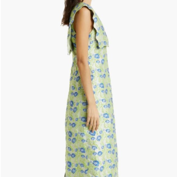 GANNI FLORAL JACQUARD RECYCLED FIBER BLEND A-LINE MIDI GREEN DRESS sz 38 - Picture 5 of 8